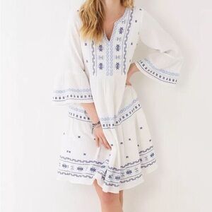Fat Face Embroidered White and Blue Cotton Libby Dress